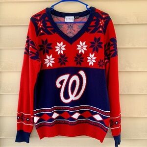 EUC Washington Nationals v-neck baseball Christmas sweater size women's xl‎